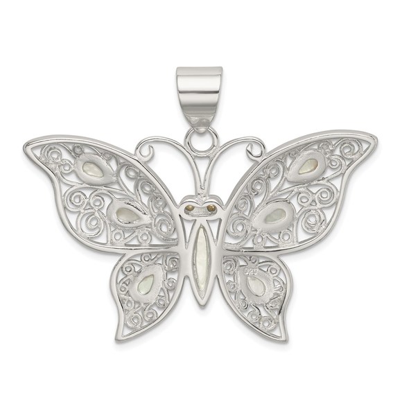 Sterling Silver Filigree Fancy Mother of Pearl Butterfly Necklace Charm Pendant - Picture 4 of 4